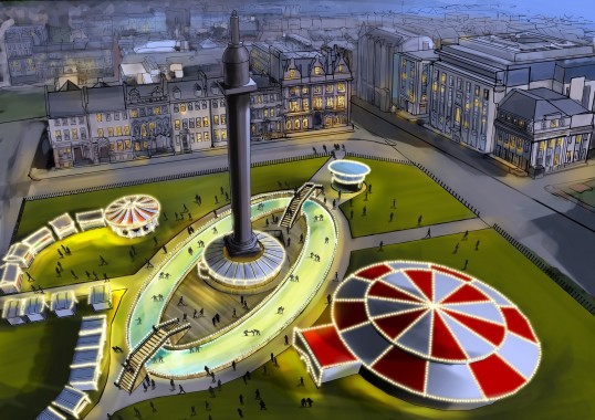 Tram-free schematic of St Andrew Square looking North East towards Harvey Nichols, with the Paradiso Spiegeltent and new ice rink round the Melville Monument. Image credit: nuffsaid.co.uk