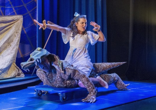 Wendy takes a ride. Leonie Hill and Matt Cavendish. Photo: Peter Pan Goes Wrong