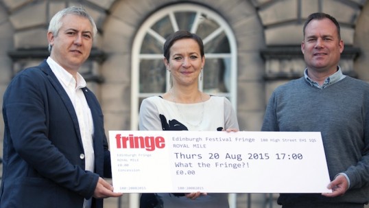 Edinburgh Fringe ticket promotion: (left to right) Cllr Paul Godzik, convenor or children and families committee, Kath M Mainland, chief executive of Edinburgh Fringe and Andrew Nicholson, head of sponsorship at Virgin Money. 19th August 2015. Picture by JANE BARLOW © Jane Barlow 2015 {all rights reserved} janebarlowphotography@gmail.com m: 07870 152324