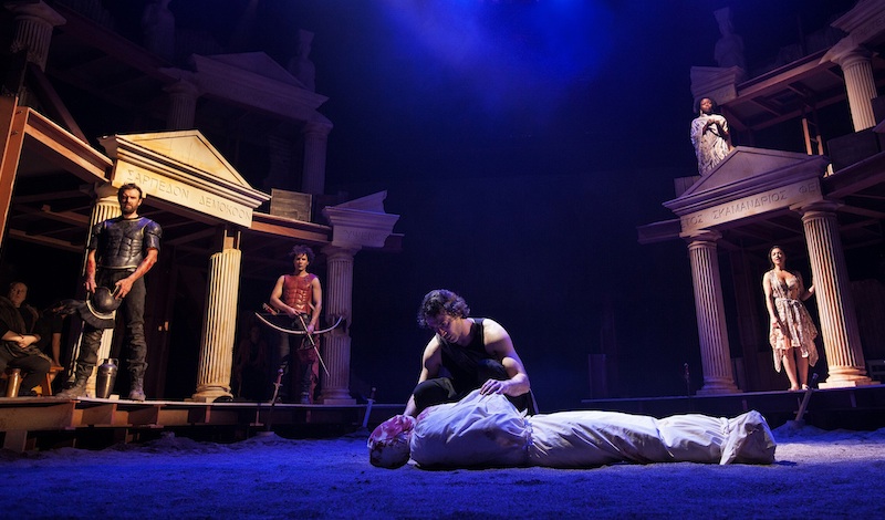 Ben Turner (front) as Achilles. With Ron Donachie (back), Ben Dilloway, Peter Bray, Emanuella Cole (above), Amiera Darwish. Photo: Drew Farrell 