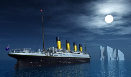 Computer generated 3D illustration with the Titanic and an Iceberg
