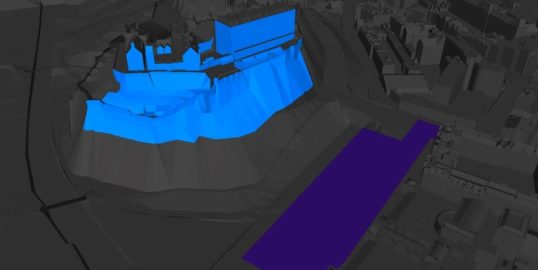 The part of Castle Rock used for projection in Deep Time (light blue) and the Castle Terrace viewing area (dark blue)