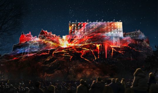 Visualisation of volcano images projected onto Castle Rock, viewed from Castle Terrace.