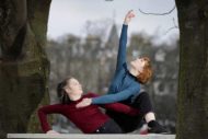 Lucy Ireland and Katie Miller rehearsing Sketches on The Meadows, Edinburgh, ahead of Manipulate. Before the show on Sat 1 Feb, each vignette will be performed in separate outdoor pop-up spaces across central Edinburgh.