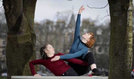 Lucy Ireland and Katie Miller rehearsing Sketches on The Meadows, Edinburgh, ahead of Manipulate. Before the show on Sat 1 Feb, each vignette will be performed in separate outdoor pop-up spaces across central Edinburgh.