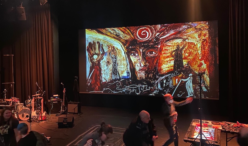 Revelations of Rab McVie post-show set, with artwork by Maria Rud created live during the show. Pic Claire Hutchins
